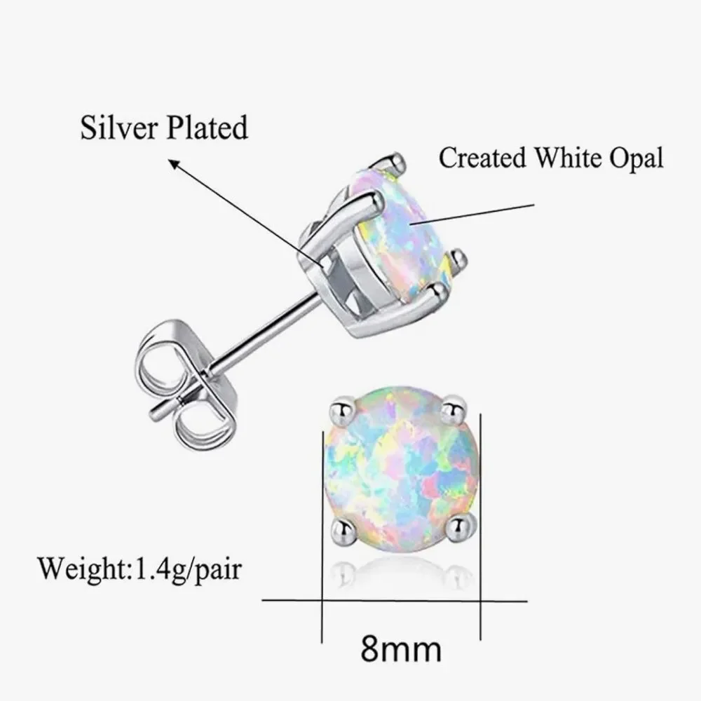 NEW 18K Gold Plated Stainless Steel Post Elegant Silver Opal Stud Earrings